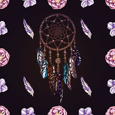 EPS 해외이미지 전통 꽃 패턴 일러스트 사람없음 장식 꿈 깃털 부적 드림캐쳐 해외202004 해외일러스트 식물 무늬 파일형식 벡터 이미지허브