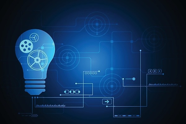 EPS 해외이미지 디자인 컨셉 일러스트 추상 미래 아이디어 사람없음 그래픽 파란색 디지털 톱니바퀴 전구모양 해외202004 해외일러스트 모양 컬러 무늬 전구 파일형식 벡터 이미지허브