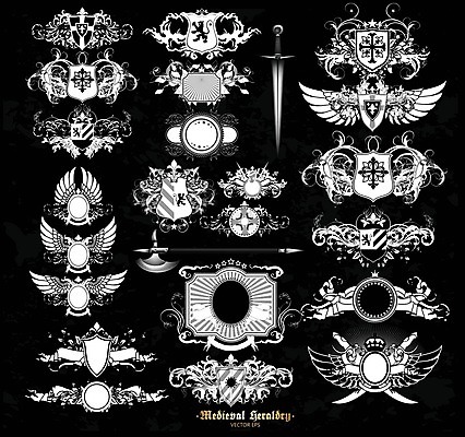 EPS 해외이미지 모양 디자인 리본 무기 백그라운드 곡선 일러스트 추상 왕관 미술 장식 세트 라벨 검은색 힘 화려 중세 복고 방패 해외202004 해외일러스트 선 컬러 컨셉 무늬 문화예술 프레임 역사 파일형식 벡터 이미지허브