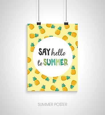 EPS 해외이미지 디자인 포스터 일러스트 매달리기 타이포그라피 사람없음 노란색 원형 파인애플 서류집게 해외202004 해외일러스트 도형 문자 컬러 과일 모션 집게 열대과일 파일형식 벡터 이미지허브