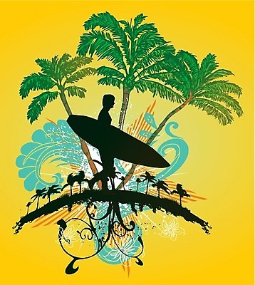 EPS 해외이미지 전신 실루엣 파도 일러스트 한명 들기 사람 성인 야자수 노란색 서핑보드 서핑 역동적 서퍼 성인한명만 해외202004 해외일러스트 나무 1 바다 컬러 컨셉 모션 운동선수 촬영기법 수상스포츠 보드_스포츠 성인만 파일형식 벡터 이미지허브