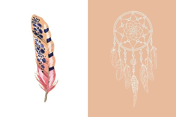 EPS 해외이미지 전통 일러스트 사람없음 장식 꿈 구슬 깃털 부적 드림캐쳐 코랄 해외202004 해외일러스트 컬러 파일형식 벡터 이미지허브