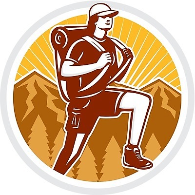 EPS 해외이미지 여자 가방 일러스트 배낭 산 야외 그래픽 운동 햇빛 걷기 하이킹 원형 복고 하이커 해외202004 해외일러스트 도형 잡화 여행 모션 레저 건강 사람 태양 파일형식 벡터 이미지허브