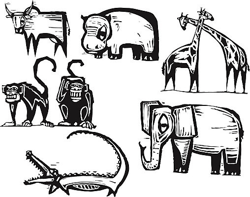 EPS 해외이미지 동물 전통 일러스트 포유류 아프리카 자연 코끼리 원숭이 소 큼 기린 악어 상아 하마 멸종 목판화 해외202004 해외일러스트 나라 파충류 크기 생태계 파일형식 벡터 이미지허브