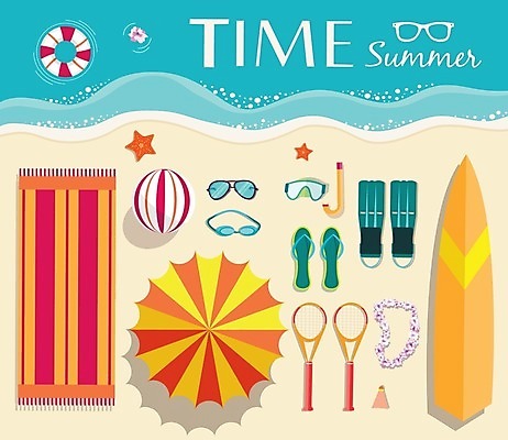 EPS 해외이미지 파도 일러스트 고글 해변 사람없음 파라솔 라켓 서핑보드 비치볼 오리발 오브젝트 꽃목걸이 해외202004 해외일러스트 꽃 스포츠용품 바다 목걸이 공 바캉스용품 보드_스포츠 파일형식 벡터 이미지허브