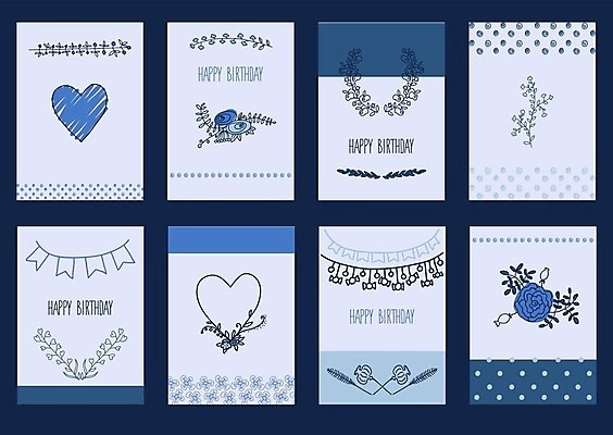 EPS 해외이미지 꽃 일러스트 사람없음 파란색 세트 하트 축하 생일 엽서 가랜드 해외202004 해외일러스트 모양 식물 기념일 컬러 컨셉 편지 파티용품 파일형식 벡터 이미지허브