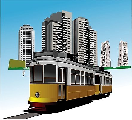 EPS 해외이미지 여행 일러스트 교통시설 버스 아파트 주택 건물 도시 전차 승객 타운 루트 선로 옛날 주거지 해외202004 해외일러스트 건축물 육상교통 교통 대중교통 시설 파일형식 벡터 이미지허브