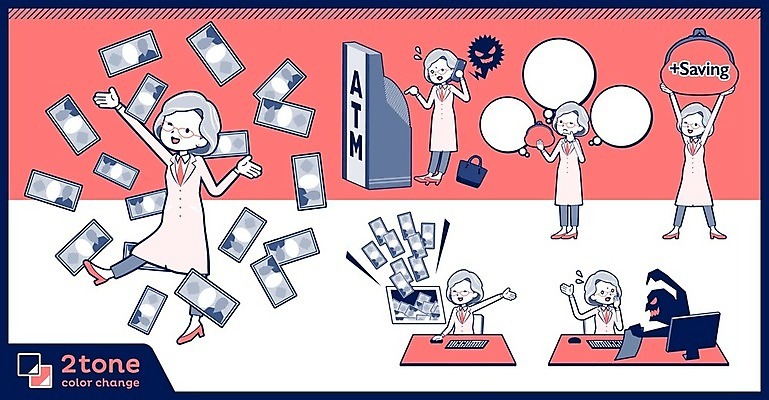 EPS 해외이미지 전신 여자 분홍색 중년 지폐 돈 생각 일러스트 여러명 빨간색 금융 경제 세트 교수 속임수 범죄 지갑 선택 책상 ATM 보이스피싱 학자 노인여자만 해외202004 해외일러스트 직업 컬러 가구 다수 컨셉 사람 성인 교사 재산 피싱 여자만 노인만 파일형식 벡터 이미지허브