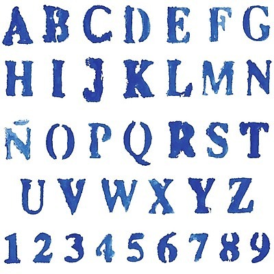 EPS 해외이미지 디자인 알파벳 영어 일러스트 붓터치 대문자 수채화 타이포그라피 사람없음 파란색 세트 숫자 플랫 번짐 조합형타이포 해외202004 해외일러스트 문자 컬러 파일형식 벡터 효과 이미지허브