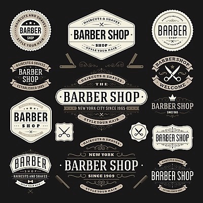 EPS 해외이미지 스티커 일러스트 사람없음 세트 라벨 검은색 빈티지 이발소 해외202004 해외일러스트 컬러 컨셉 프레임 뷰티샵 파일형식 벡터 이미지허브