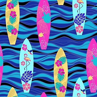 EPS 해외이미지 파도 백그라운드 패턴 일러스트 사람없음 파란색 서핑보드 서핑 플라밍고 웨이브 히비스커스 해외202004 해외일러스트 꽃 바다 컬러 무늬 조류 수상스포츠 보드_스포츠 파일형식 벡터 이미지허브