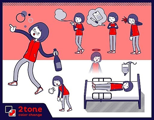 EPS 해외이미지 전신 여자 일러스트 술병 흡연 담배 피곤 들기 여러명 성인 빨간색 세트 마시기 죽음 유령 만취 종업원 담배연기 판매원 병원침대 술취함 흡연자 성인여자만 해외202004 해외일러스트 직업 컬러 다수 컨셉 모션 병_용기 주류 사람 침대 연기 여자만 성인만 파일형식 벡터 이미지허브