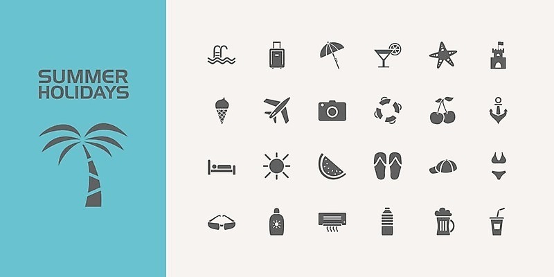 EPS 해외이미지 나무 음료 바다 여행 일러스트 우산 호텔 휴가 손바닥 여름 세트 선글라스 태양 카메라 여행가방 보트 심볼 사인 해외202004 해외일러스트 자연요소 식물 손 계절 안경 배_교통 가방 숙소 전자제품 파일형식 벡터 이미지허브