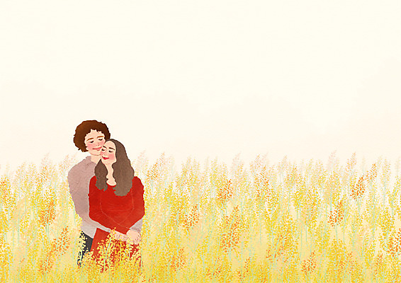 PSD 커플 여자 남자 행복 일러스트 포옹 함께함 사랑 서기 사람 상반신 두명 다정 기쁨 갈대밭 백허그 국내일러스트 감정 컨셉 관계 안기 모션 파일형식 갈대_식물