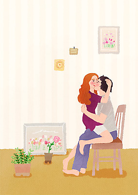 PSD 커플 여자 남자 행복 화분 의자 일러스트 포옹 키스 함께함 실내 사랑 사람 앉기 두명 다정 기쁨 스킨십 국내일러스트 감정 가구 컨셉 관계 안기 모션 내부 애정표현 파일형식