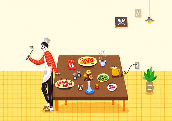 전신 PSD 남자 화분 일러스트 실내 요리사모자 요리 한명 서기 들기 사람 밥상 국자 싱글 남자만 남자한명만 국내일러스트 모자_잡화 1 모션 탁자 주방용품 내부 요리사 파일형식