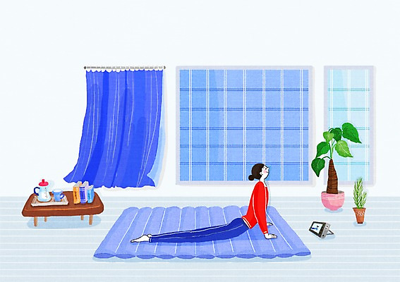 전신 PSD 여자 거실 일러스트 요가 창문 실내 한명 미소 사람 성인 매트 커튼 싱글 동영상 여자만 여자한명만 성인여자만 성인만 국내일러스트 1 웰빙 표정 내부 파일형식