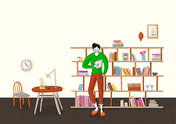 전신 PSD 남자 의자 일러스트 탁자 실내 한명 서기 미소 사람 성인 책 독서 서재 싱글 남자만 남자한명만 성인남자만 성인만 국내일러스트 1 가구 모션 표정 내부 파일형식