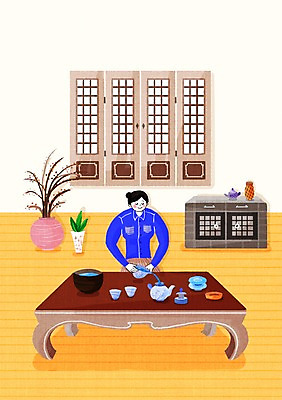 PSD 여자 화분 일러스트 창문 탁자 실내 한명 사람 앉기 상반신 성인 차 찻잔 다도 싱글 여자만 여자한명만 성인여자만 성인만 국내일러스트 1 음료 가구 모션 잔 내부 예절 파일형식