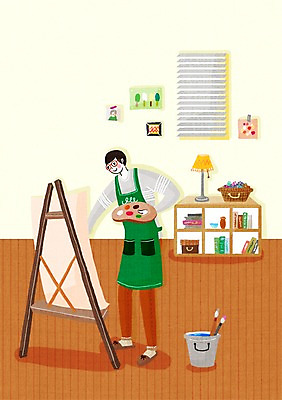 전신 PSD 남자 안경 일러스트 창문 실내 한명 미소 사람 성인 앞치마 붓 이젤 싱글 그림 남자만 남자한명만 성인남자만 성인만 국내일러스트 1 잡화 표정 내부 미술도구 파일형식