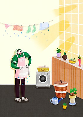 전신 PSD 남자 가사 일러스트 두건 한명 사람 성인 바구니 앞치마 빨래 싱글 세탁기 남자만 남자한명만 성인남자만 성인만 국내일러스트 1 가전제품 파일형식