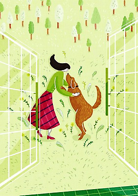 전신 PSD 여자 꽃 일러스트 한명 서기 사람 성인 야외 문 산책 개 싱글 여자만 여자한명만 성인여자만 성인만 국내일러스트 식물 1 포유류 모션 휴식 파일형식