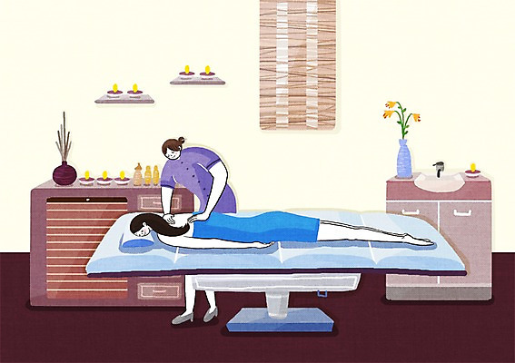 전신 PSD 여자 엎드리기 일러스트 창문 휴식 실내 사람 성인 두명 뷰티 침대 마사지 싱글 여자만 성인여자만 성인만 국내일러스트 가구 컨셉 모션 내부 파일형식