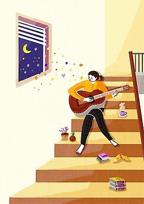 전신 PSD 여자 별 연주 일러스트 노래 창문 한명 사람 앉기 성인 책 계단 달 기타 싱글 여자만 여자한명만 성인여자만 성인만 국내일러스트 자연요소 1 음악 모션 현악기 파일형식