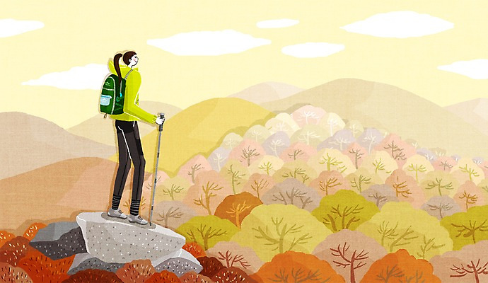 전신 PSD 나무 계절 여자 일러스트 지팡이 산 한명 서기 사람 성인 야외 가을풍경 등산 가을 돌_바위 바위 정상 싱글 여자만 여자한명만 성인여자만 성인만 국내일러스트 식물 1 모션 풍경 트래킹 파일형식 가을_계절