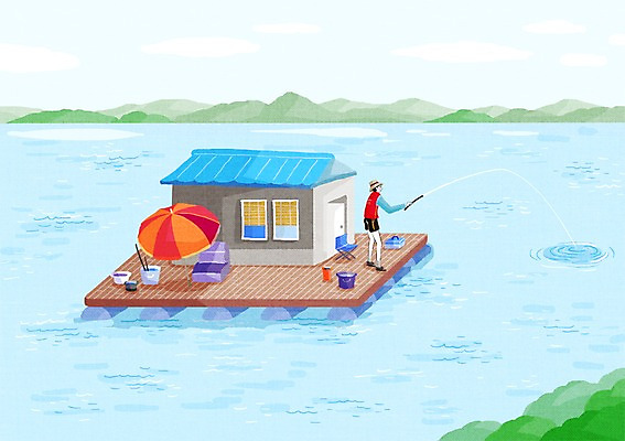 PSD 남자 의자 일러스트 낚시 한명 사람 성인 강 바구니 파라솔 낚싯대 싱글 남자만 남자한명만 성인남자만 성인만 국내일러스트 1 가구 레저 낚시용품 파일형식