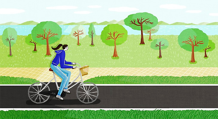 PSD 나무 공원 여자 일러스트 거리 한명 사람 성인 야외 자전거 승차 싱글 여자만 여자한명만 성인여자만 성인만 국내일러스트 식물 1 공공시설 모션 바이크 파일형식