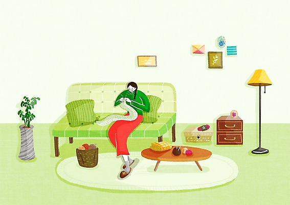 전신 PSD 여자 일러스트 휴식 주택 실내 한명 사람 앉기 성인 소파 바늘 뜨개질 실 싱글 여자만 여자한명만 성인여자만 성인만 국내일러스트 1 컨셉 의자 모션 취미 내부 건물 도구 파일형식