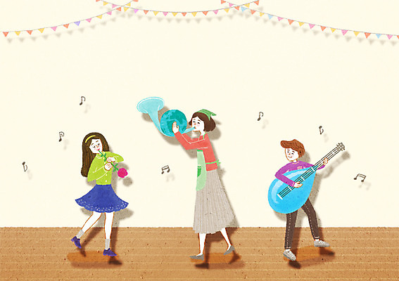 전신 PSD 여자 딸 아들 지구 어린이 음악 연주 일러스트 가족 엄마 사람 성인 세명 화목 물방울 기타 나팔 환경보전 에코 친환경 그린슈머 국내일러스트 악기 컨셉 관계 현악기 문화예술 환경 사회이슈 파일형식