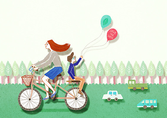 전신 PSD 여자 아들 어린이 일러스트 자동차 엄마 앉기 야외 두명 자전거 화목 승차 환경보전 에코 친환경 풍선 그린슈머 국내일러스트 모자관계 육상교통 컨셉 가족 모션 사람 환경 바이크 사회이슈 파일형식