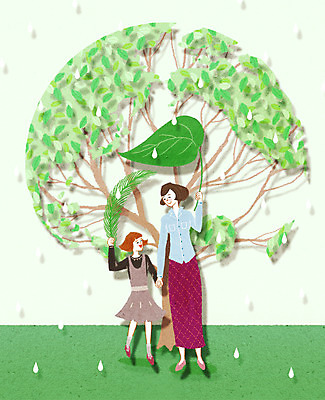전신 PSD 나무 여자 딸 지구 어린이 일러스트 우산 가족 엄마 나뭇잎 들기 사람 성인 두명 손잡기 화목 비 환경보전 에코 친환경 그린슈머 국내일러스트 자연요소 식물 컨셉 잎 관계 모션 날씨 환경 사회이슈 파일형식
