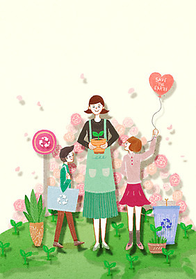 PSD 여자 남자 꽃 딸 화분 아들 지구 어린이 일러스트 가족 엄마 사람 성인 세명 새싹 화목 재활용 풀 환경보전 에코 친환경 풍선 그린슈머 국내일러스트 식물 컨셉 관계 환경 사회이슈 파일형식