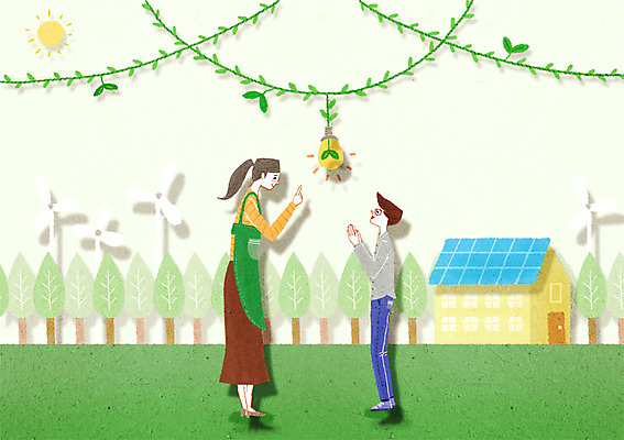 전신 PSD 여자 남자 아들 지구 일러스트 전구 가족 엄마 주택 서기 사람 야외 두명 태양 새싹 화목 환경보전 에코 친환경 태양에너지 그린슈머 국내일러스트 모자관계 자연요소 식물 컨셉 관계 모션 건물 환경 그린에너지 사회이슈 파일형식