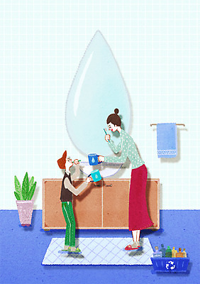 전신 PSD 여자 남자 화분 아들 일러스트 가족 엄마 사람 두명 수건 화목 양치 물방울 칫솔 환경보전 에코 친환경 닦기 양치컵 그린슈머 국내일러스트 모자관계 컨셉 관계 모션 컵 위생용품 환경 청결 사회이슈 파일형식