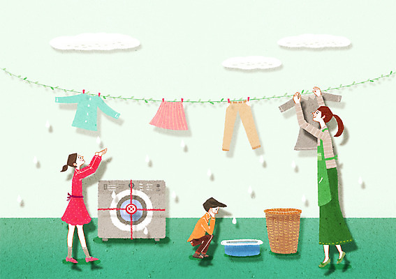 전신 PSD 옷 여자 남자 아들 어린이 상의 일러스트 가족 엄마 사람 성인 야외 세명 햇빛 바구니 화목 빨래 환경보전 에코 친환경 건조기 그린슈머 국내일러스트 컨셉 가사 관계 태양 환경 기계 사회이슈 파일형식