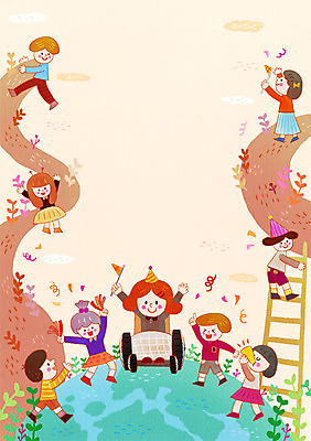 전신 PSD 여자 남자 지구 어린이 일러스트 사다리 함께함 사람 여러명 친구 축제 축하 도움 장애인 휠체어 어린이만 국내일러스트 다수 컨셉 관계 도구 장애 파일형식