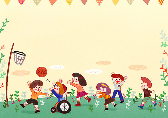 전신 PSD 여자 남자 어린이 일러스트 공 놀이 함께함 농구 농구공 사람 여러명 야외 친구 운동 도움 장애인 골대 휠체어 어린이만 국내일러스트 다수 컨셉 관계 건강 구기 장애 파일형식