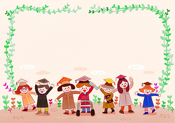 전신 PSD 여자 남자 어린이 일러스트 학사모 졸업 졸업식 함께함 여러명 야외 친구 가운 졸업가운 도움 장애인 브이 어린이만 국내일러스트 모자_잡화 옷 교육 다수 컨셉 관계 사람 손짓 장애 파일형식