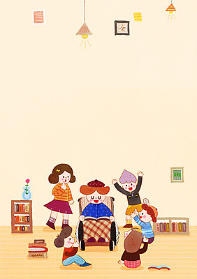 PSD 모자 여자 남자 어린이 일러스트 함께함 실내 사람 여러명 책 친구 독서 꽃병 듣기 도움 장애인 휠체어 어린이만 국내일러스트 잡화 꽃 다수 컨셉 관계 모션 내부 장애 파일형식