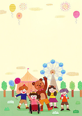 전신 PSD 여자 남자 어린이 다수 일러스트 불꽃 아이스크림 함께함 사람 여러명 야외 친구 곰인형 놀이공원 도움 놀이기구 장애인 휠체어 브이 대관람차 풍선 어린이만 국내일러스트 인형 컨셉 관계 불 디저트 손짓 테마파크 장애 파일형식