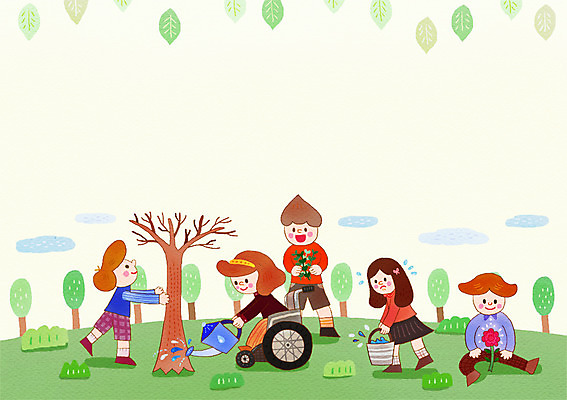 전신 PSD 나무 여자 남자 꽃 어린이 일러스트 나뭇잎 함께함 사람 여러명 야외 친구 도움 장애인 휠체어 물주기 나무심기 어린이만 국내일러스트 식물 다수 컨셉 잎 관계 모션 장애 심기 파일형식