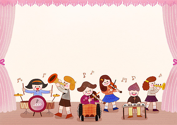 전신 PSD 여자 남자 어린이 연주 일러스트 함께함 실내 미소 사람 여러명 친구 무대 키보드 도움 커튼 장애인 나팔 바이올린 휠체어 드럼 합주 어린이만 국내일러스트 악기 음악 다수 컨셉 관계 현악기 타악기 표정 내부 장애 파일형식