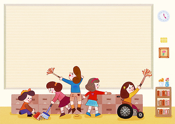 전신 PSD 여자 남자 어린이 다수 일러스트 교실 학교 함께함 실내 사람 여러명 책 친구 꽃병 점프 도움 장애인 청소 사물함 휠체어 어린이만 국내일러스트 교육 꽃 컨셉 관계 모션 내부 장애 파일형식