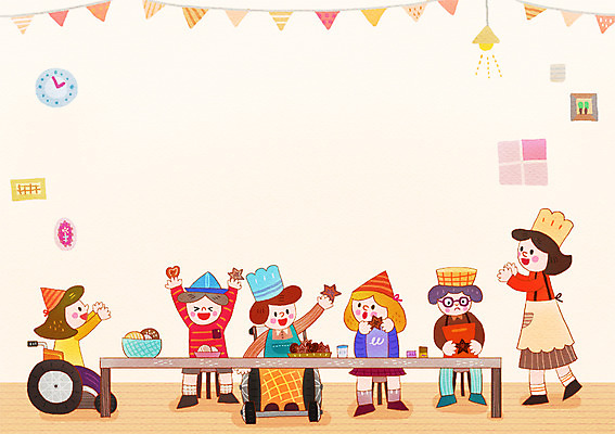 전신 PSD 여자 남자 별 어린이 다수 일러스트 함께함 실내 요리사모자 요리 사람 여러명 친구 쿠키 교사 앞치마 하트 도움 장애인 휠체어 어린이만 국내일러스트 자연요소 모양 직업 모자_잡화 컨셉 관계 디저트 내부 요리사 장애 파일형식