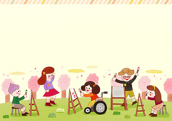 전신 PSD 모델 여자 남자 어린이 다수 일러스트 함께함 서기 사람 앉기 여러명 야외 친구 붓 도움 그리기 장애인 이젤 휠체어 그림 어린이만 국내일러스트 컨셉 관계 모션 미술도구 장애 파일형식