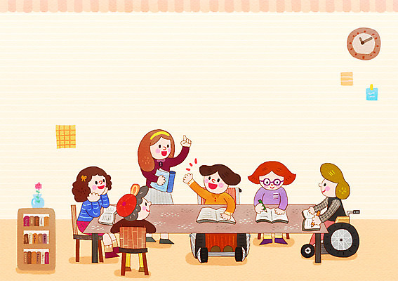 PSD 여자 남자 어린이 의자 일러스트 교실 학교 수업 함께함 실내 서기 사람 앉기 여러명 성인 책 친구 꽃병 교사 기록 도움 퀴즈 발표 질문 장애인 책상 휠체어 국내일러스트 직업 교육 꽃 가구 다수 컨셉 관계 모션 내부 장애 파일형식